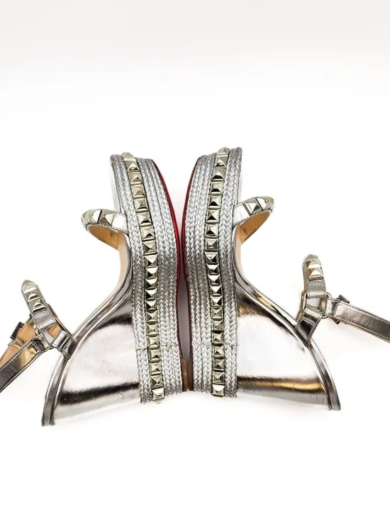 Christian Louboutin Metallic Silver Studded Espadrille Platform Sandals EU 38 - Picture 6 of 9